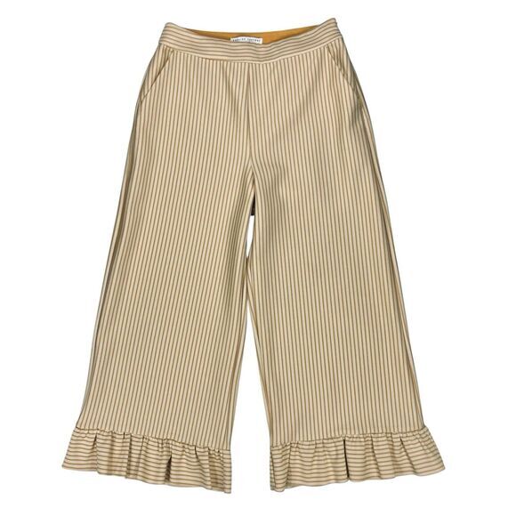 English Factory Capri Pants Sz M Cream Mustard Striped Ruffle Preppy Nautical - Picture 1 of 15